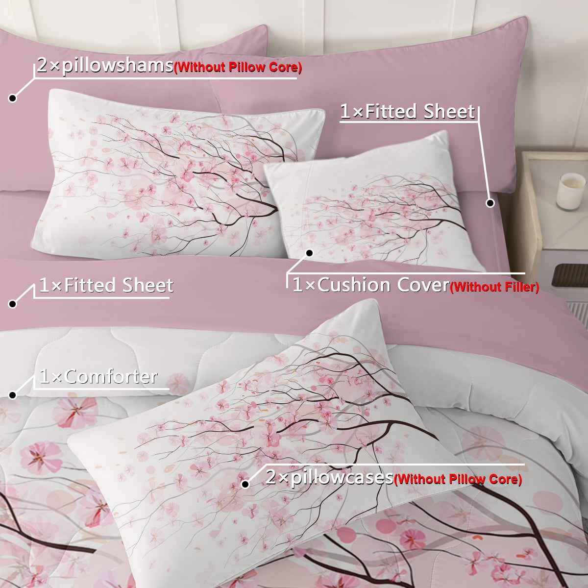 Cherry Blossom Pattern Twin Size 8-piece Comforter Set