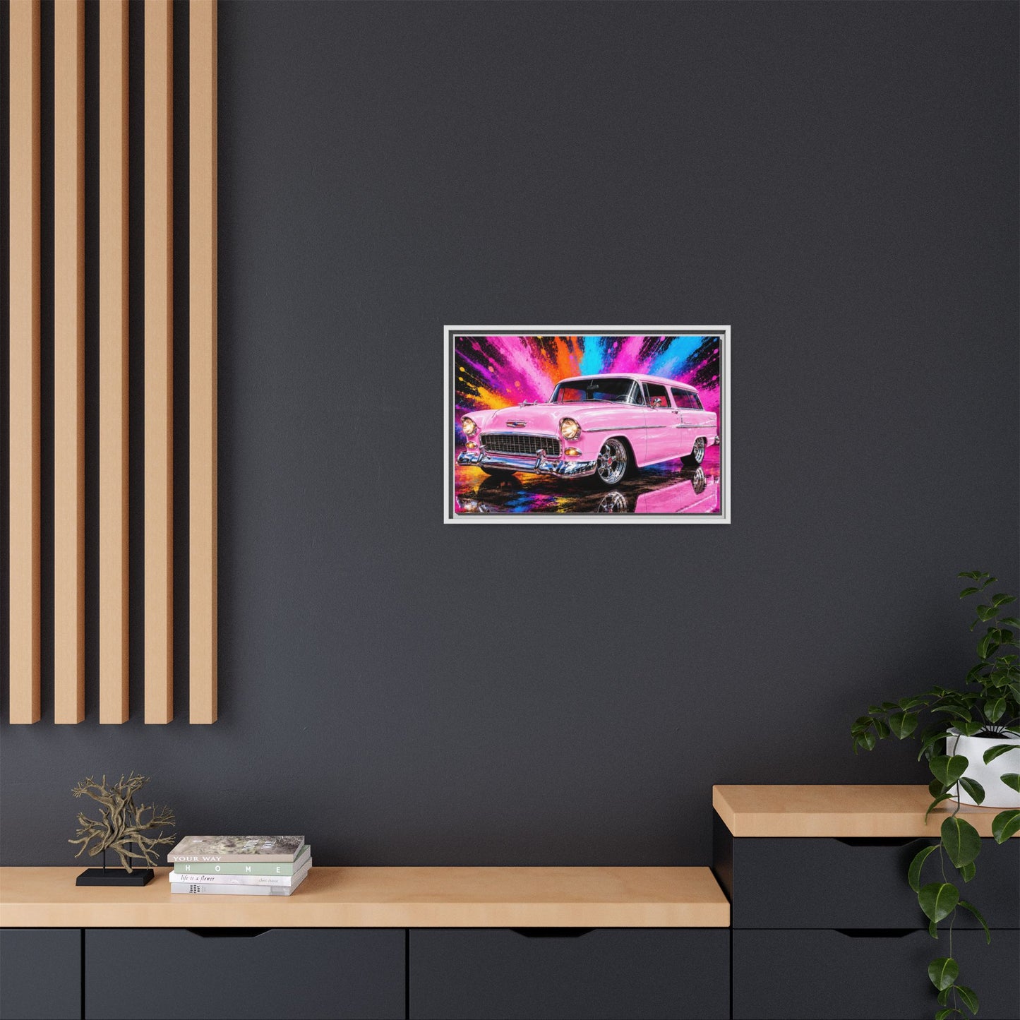 Pink Classic Station Wagon Canvas Print — Retro Car Wall Art, Framed Matte Multi‑Color Splash