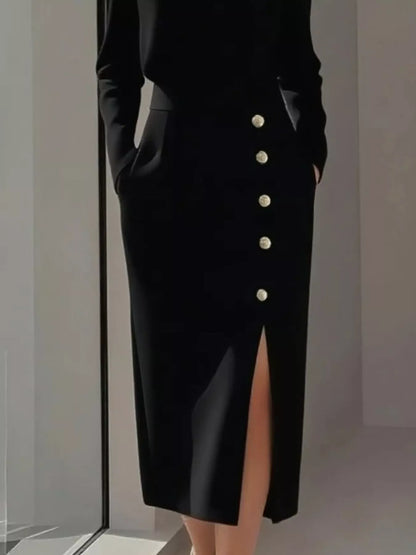 Long Sleeve Button Detail Midi Dress with Side Slit