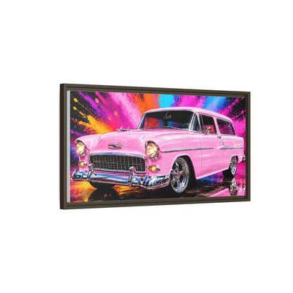 Pink Classic Station Wagon Canvas Print — Retro Car Wall Art, Framed Matte Multi‑Color Splash