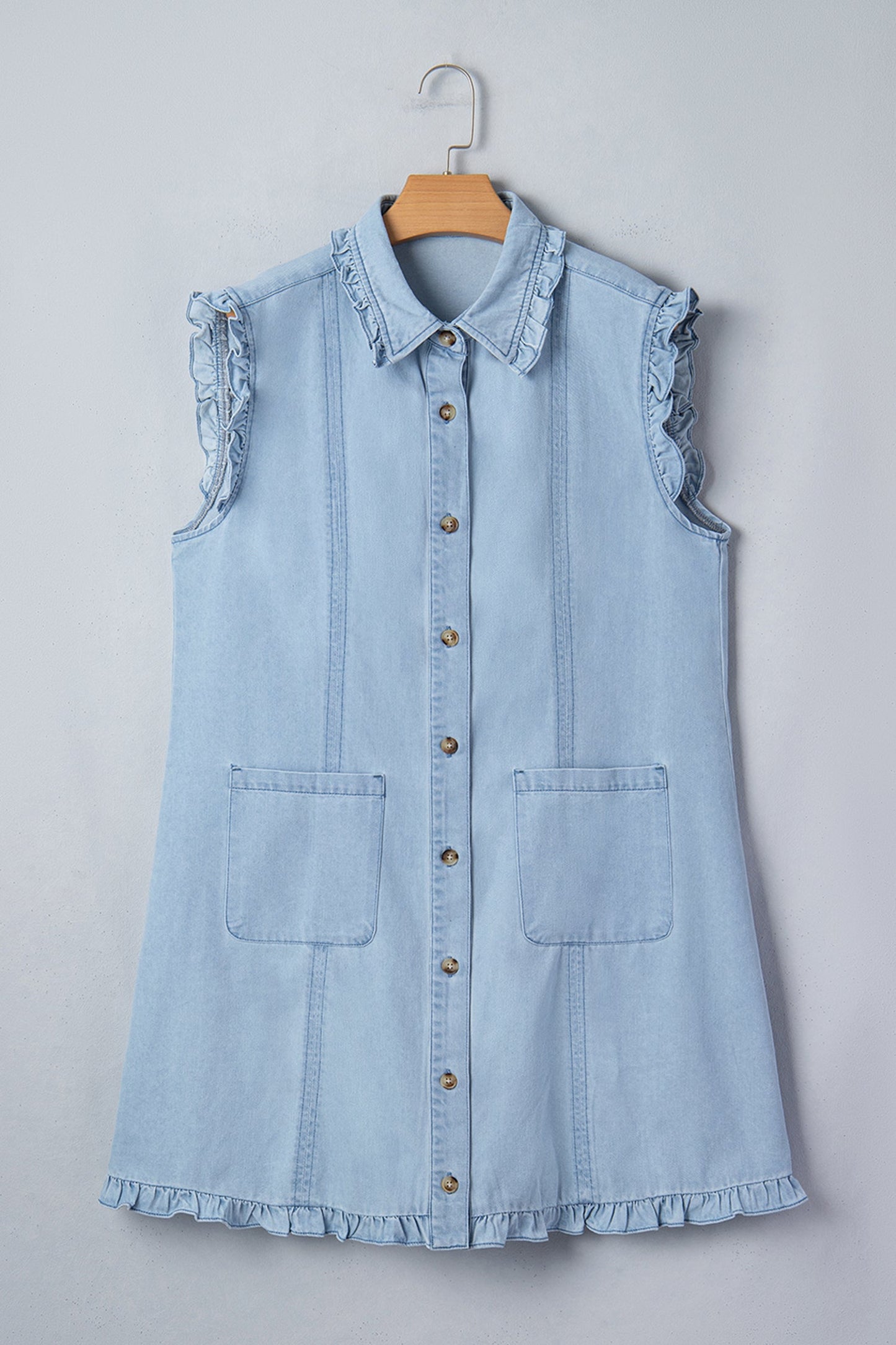 Denim Ruffle Edge Collared Dress w/ Pockets