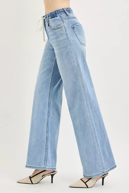 RISEN Elastic Band Slouchy Wide Jeans with Drawstring
