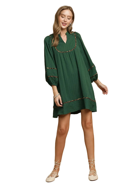 Garden Naked Womens Casual Shift Dress Boho Leopard Trim Pleated Babydoll Mini Green Balloon Sleeve Daily Wear