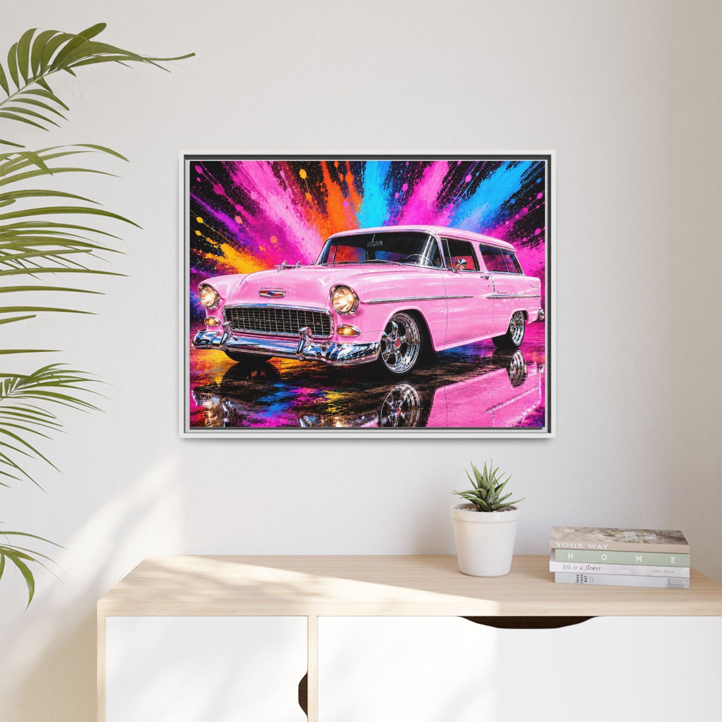 Pink Classic Station Wagon Canvas Print — Retro Car Wall Art, Framed Matte Multi‑Color Splash