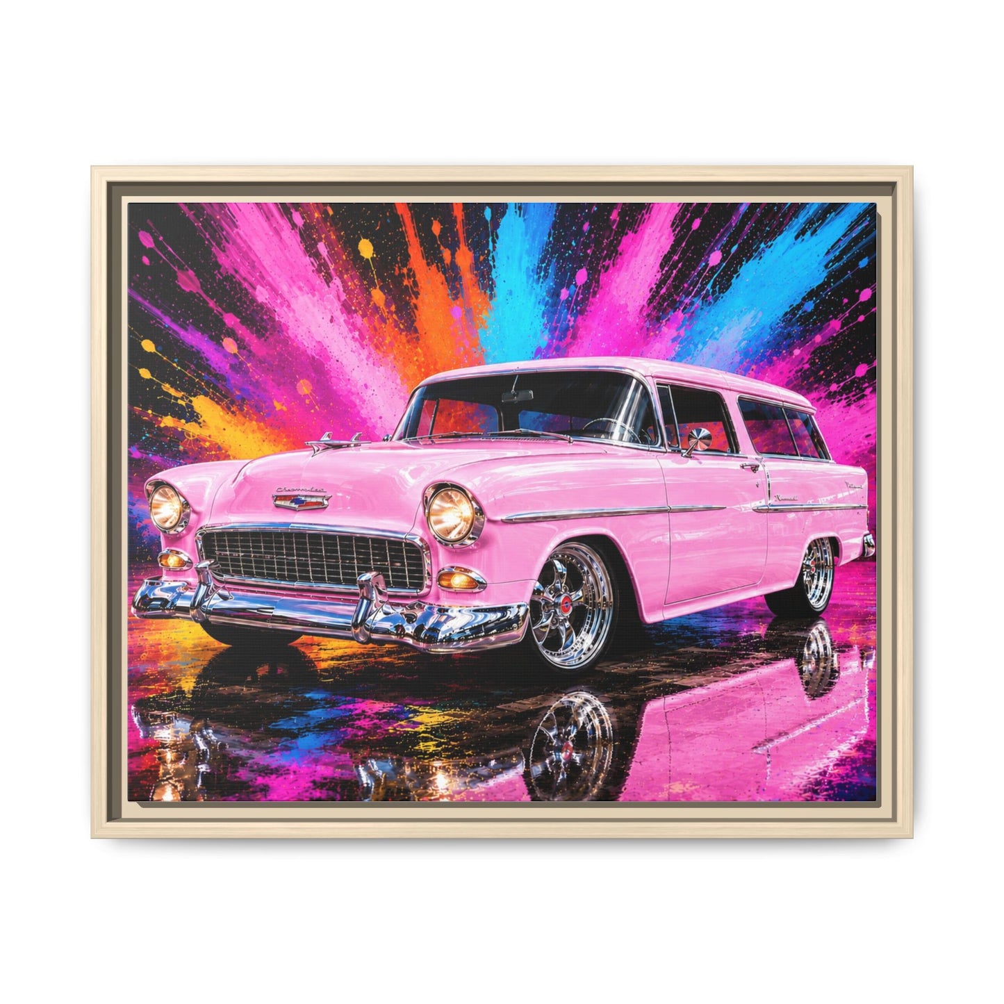 Pink Classic Station Wagon Canvas Print — Retro Car Wall Art, Framed Matte Multi‑Color Splash