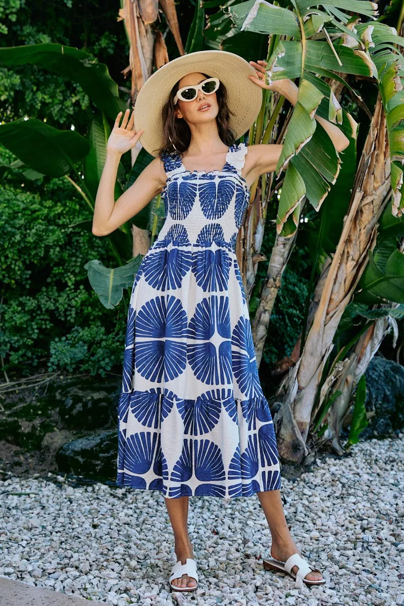 Abstract Print Smocked Bodice Tiered Lined Midi Dress