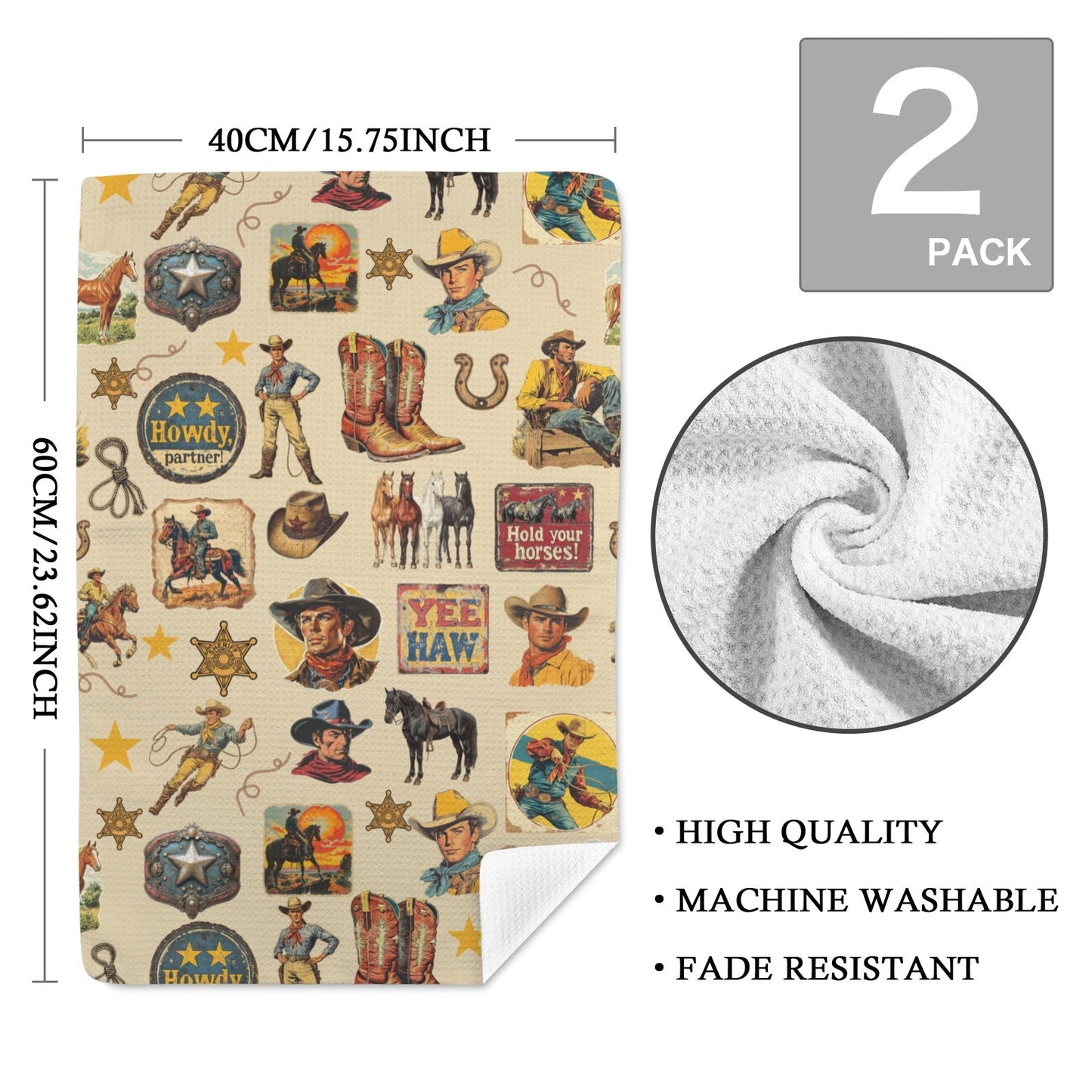 Baha Ranch Vintage Cowboy Collage Set of 2 Dish Towels Made in America