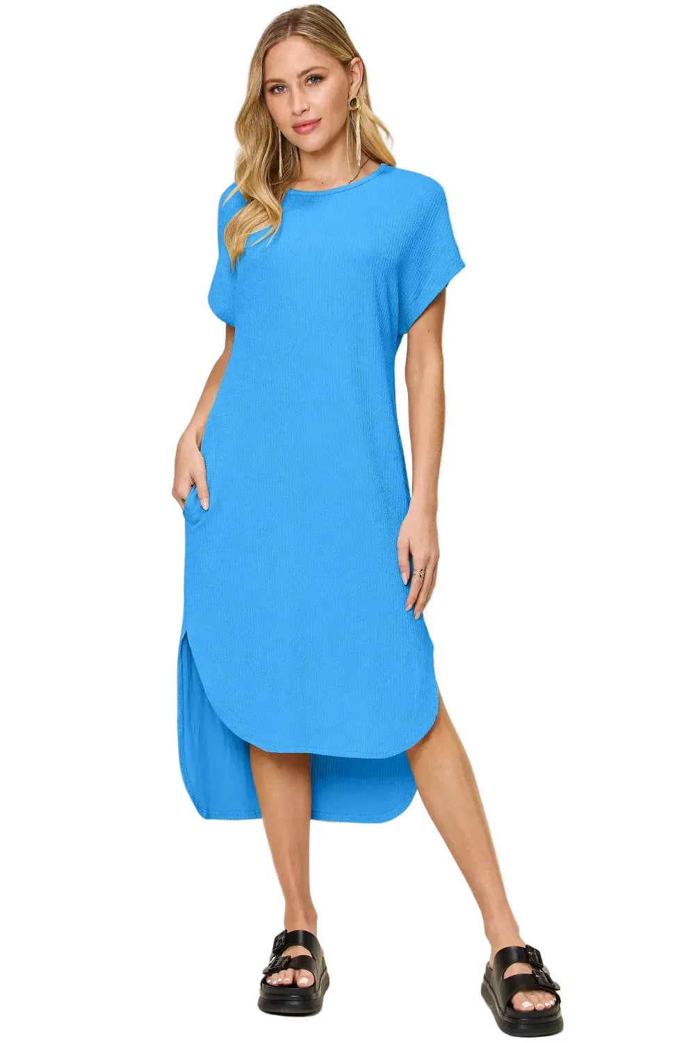 Garden Naked Women's Casual Dress Loose-Fit Round Neck Short Sleeve Slit Solid Color Midi Dress Blue Textured