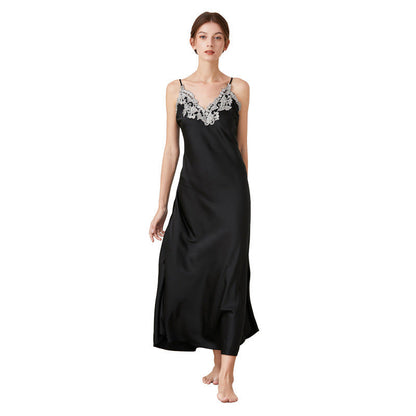 Imitated Silk Lace Sexy V-neck Long Slip Nightdress Pajamas Homewear