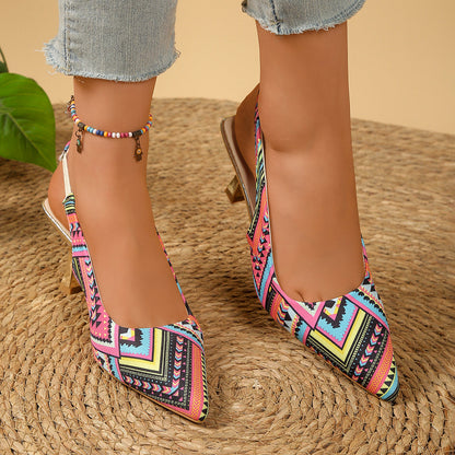 Women's Boho Geometric Print Slingback Stiletto Heels – Pointed Toe