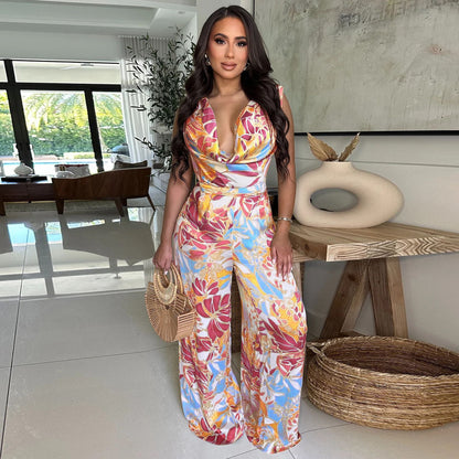 Sleeveless lace up wide leg printed jumpsuit