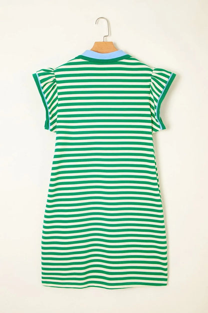 Stripe Print Contrast Collar Split Neck Flutter Sleeve Dress