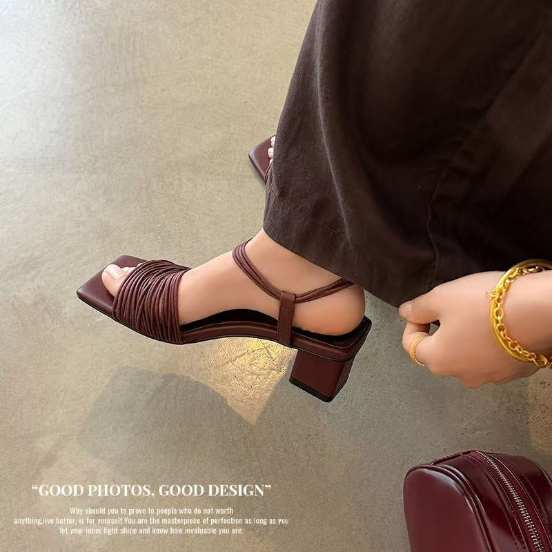 Women's Square-Toe Block Heel Sandals – Multi-Strap Ankle Wrap Mid-Heel Shoes with Pigskin Lining