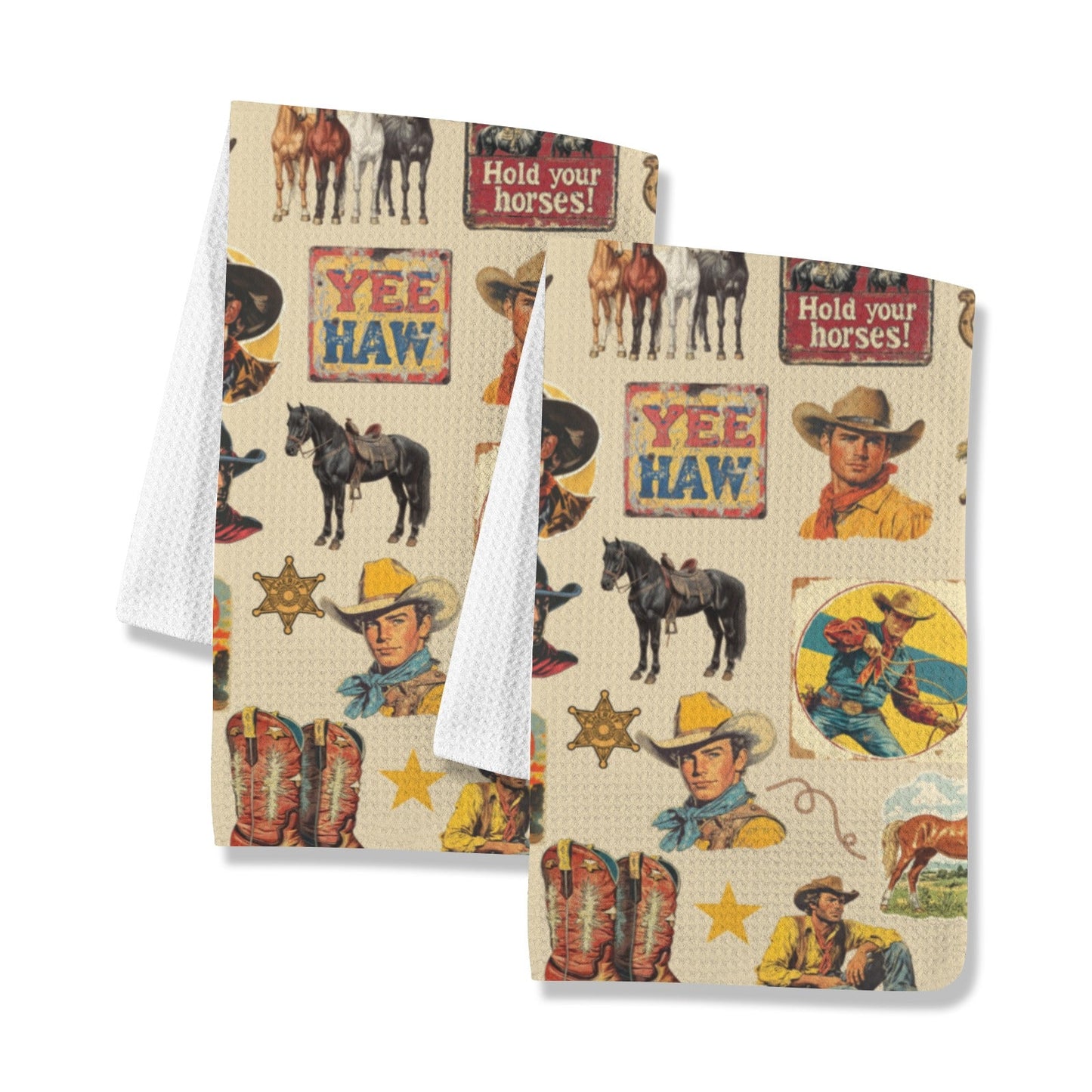 Baha Ranch Vintage Cowboy Collage Set of 2 Dish Towels Made in America