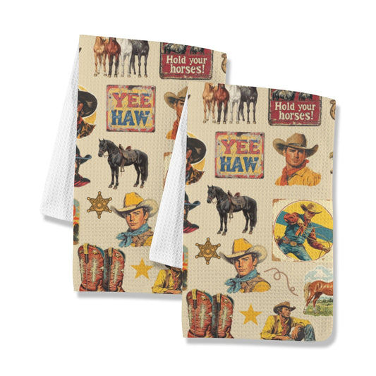 Baha Ranch Vintage Cowboy Collage Set of 2 Dish Towels Made in America