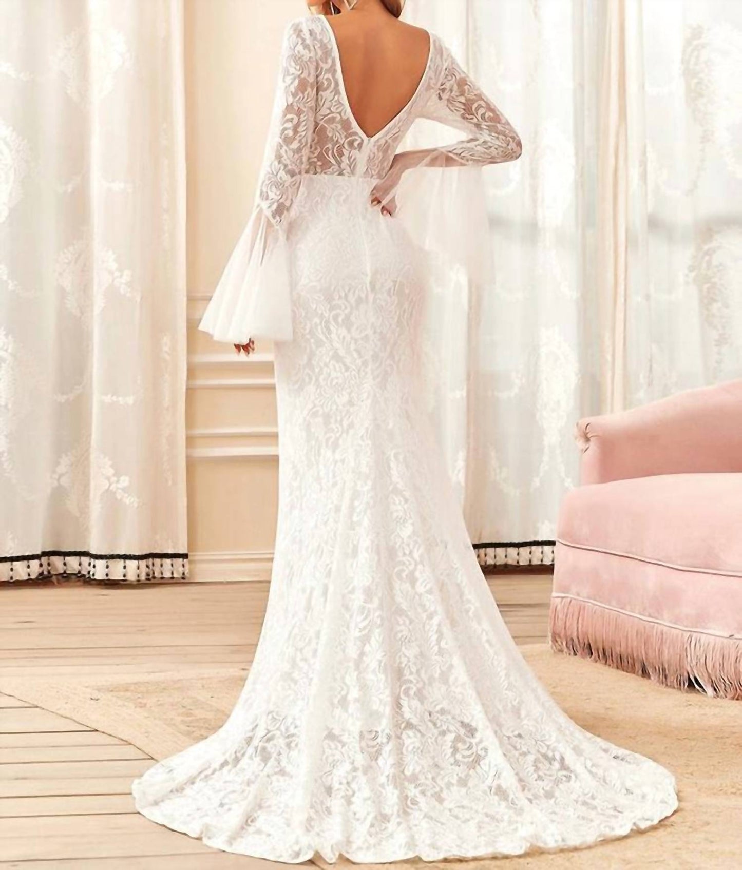 Round Neck Long Pagoda Sleeves Wedding Dress