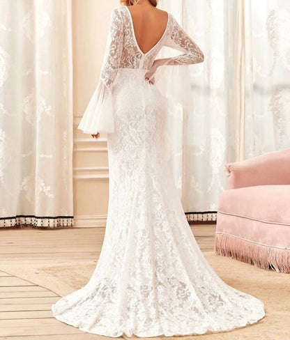 Round Neck Long Pagoda Sleeves Wedding Dress