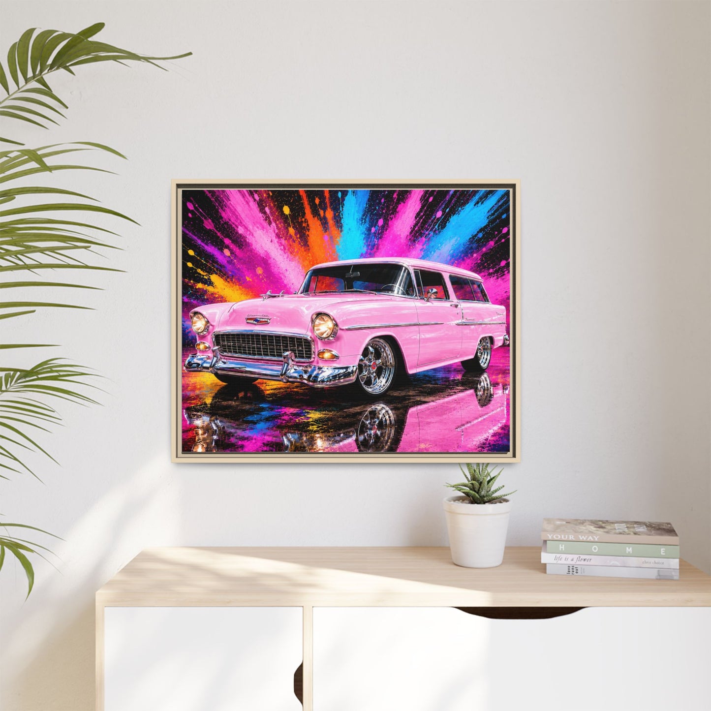 Pink Classic Station Wagon Canvas Print — Retro Car Wall Art, Framed Matte Multi‑Color Splash