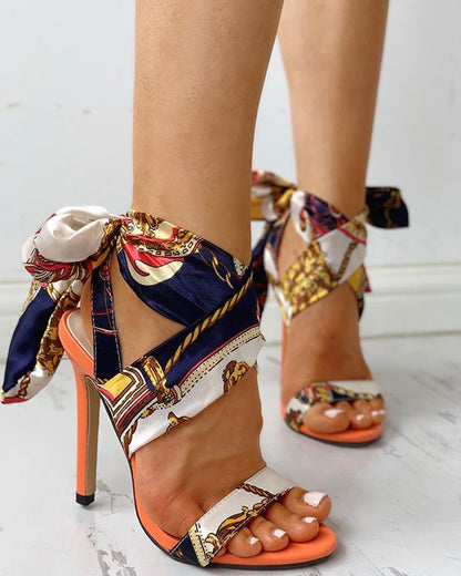 Women's Floral Ribbon Stiletto Heels – Open Toe High Heels