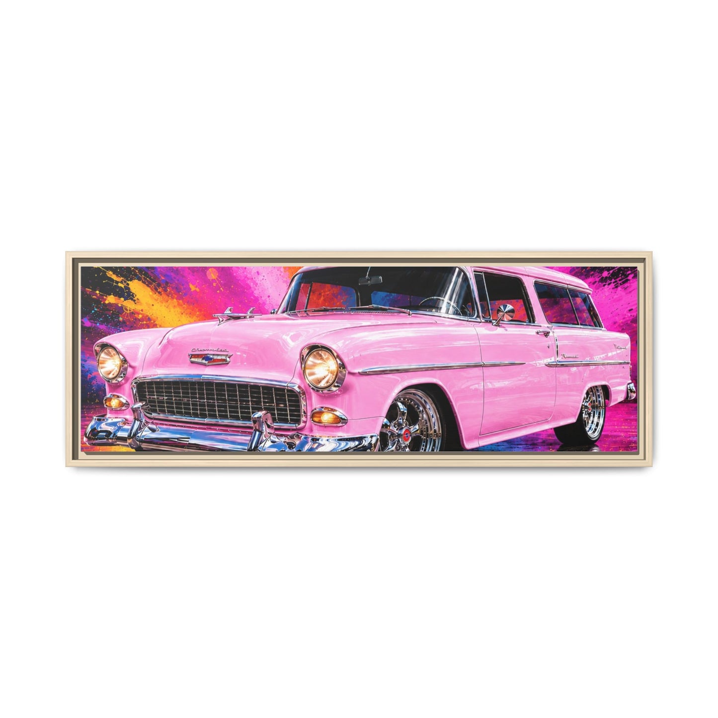 Pink Classic Station Wagon Canvas Print — Retro Car Wall Art, Framed Matte Multi‑Color Splash