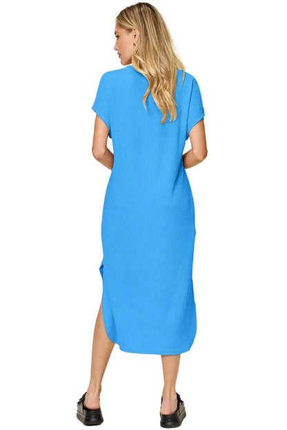 Garden Naked Women's Casual Dress Loose-Fit Round Neck Short Sleeve Slit Solid Color Midi Dress Blue Textured