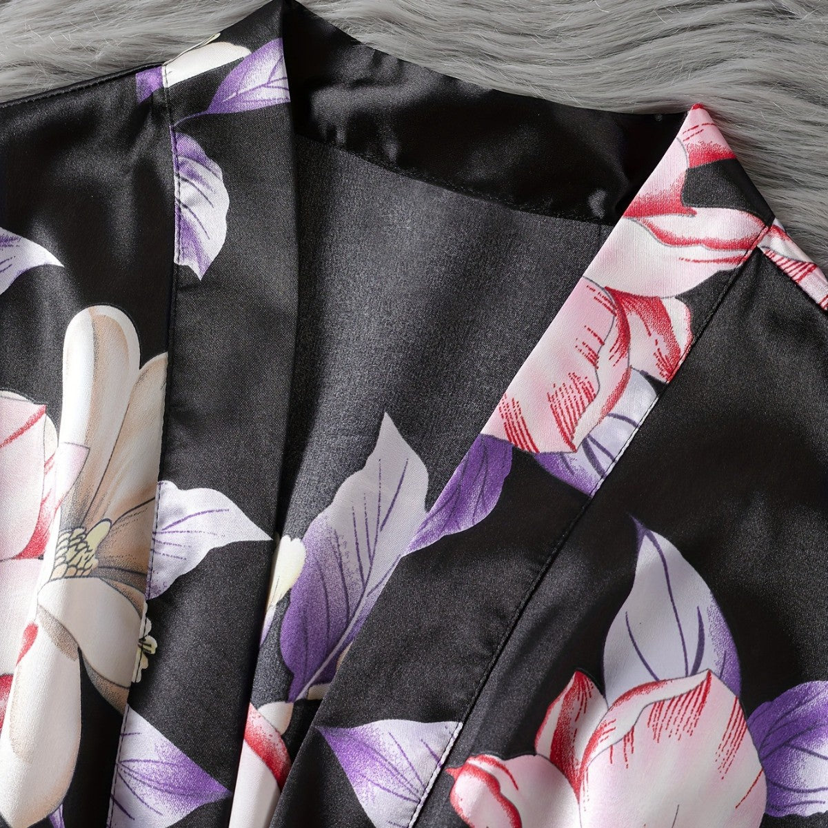 Women's Spring Summer Youth Satin-like Silk Kimono Robe Foreign Trade Floral Open Front Morning Robe Bathrobe
