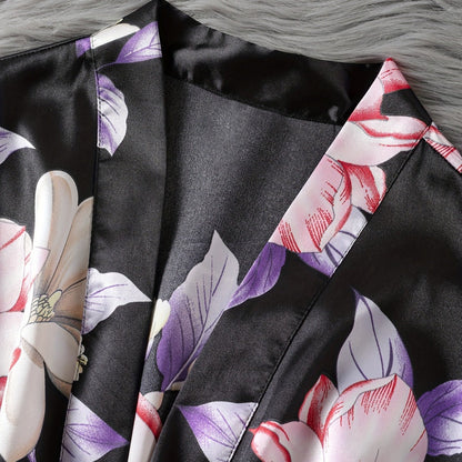 Women's Spring Summer Youth Satin-like Silk Kimono Robe Foreign Trade Floral Open Front Morning Robe Bathrobe