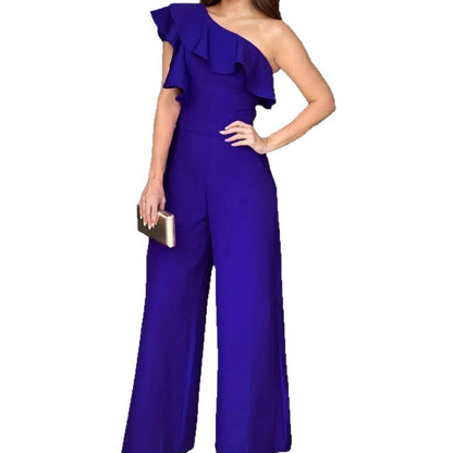 Chic Off-Shoulder High-Waisted Loose Straight-Leg Women's Jumpsuit with Ruffles