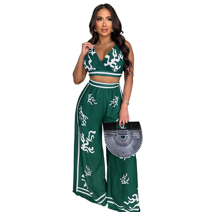 V-neck hanging neck wide leg pants set