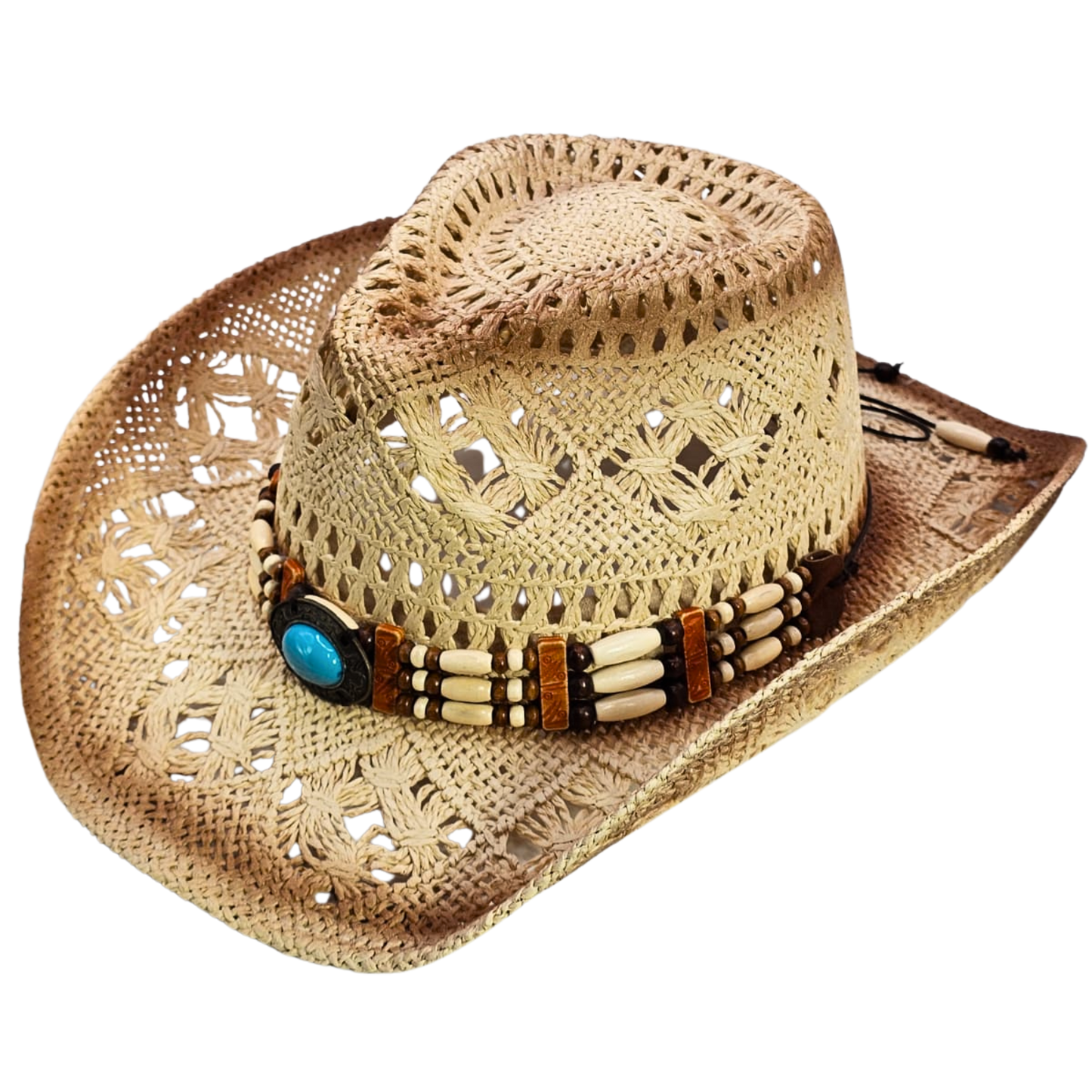 Straw Cowgirl Hat | Handmade Beaded Crown with Turquoise-stone Detail