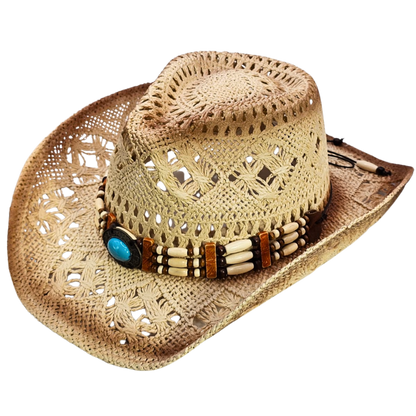 Straw Cowgirl Hat | Handmade Beaded Crown with Turquoise-stone Detail