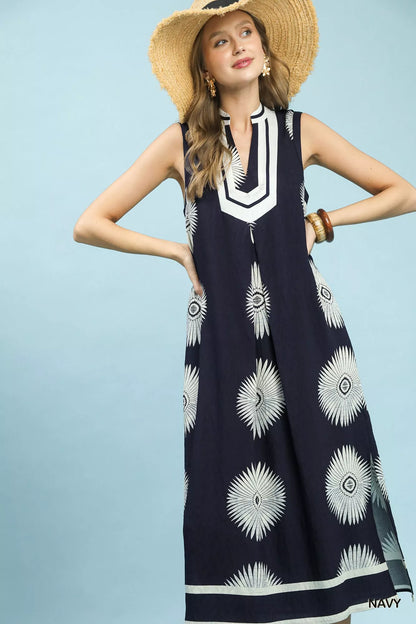 Umgee Sleeveless Geometric Midi Dress