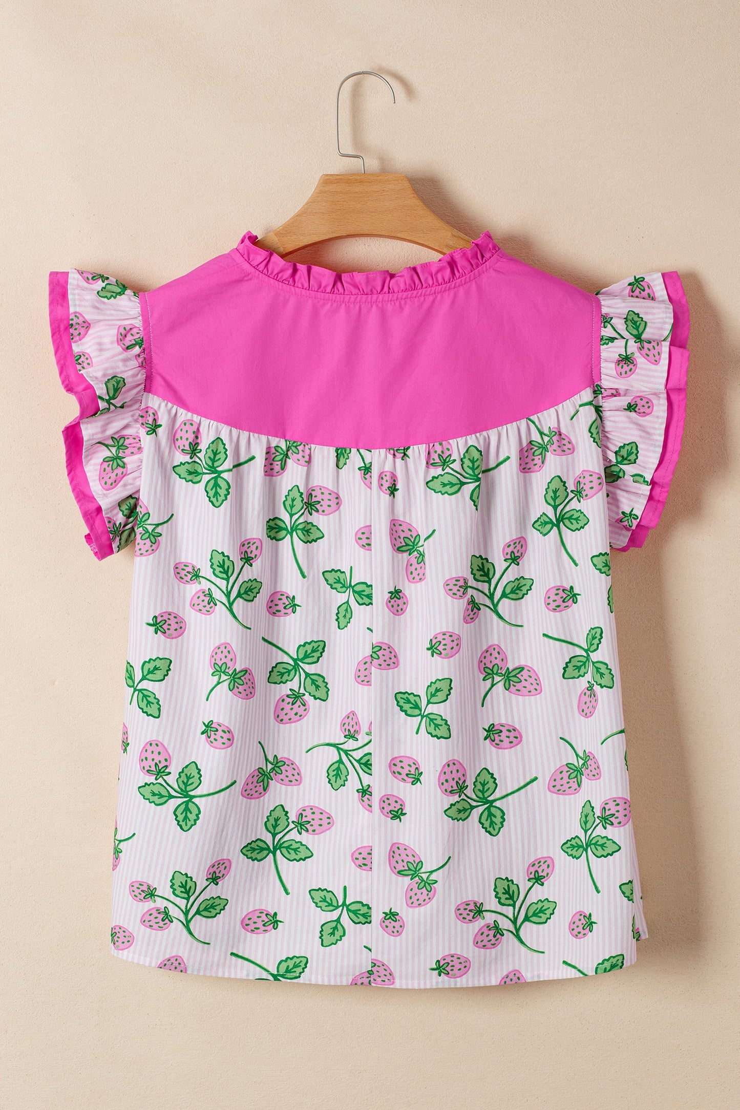 Stripe Strawberry Patchwork Flutter Sleeve V-Neck Blouse