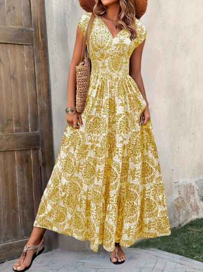 Printed Cap Sleeve Maxi Dress