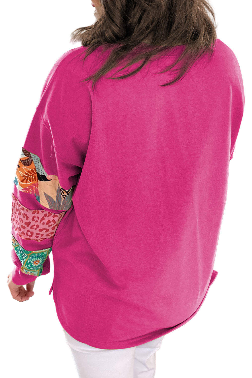 Rose Red Leopard Patchwork Sleeve Split Plus Sweatshirt