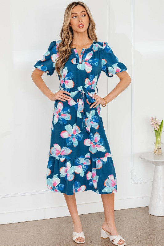 Floral Short Puff Sleeve Ruffle Belted Midi Dress