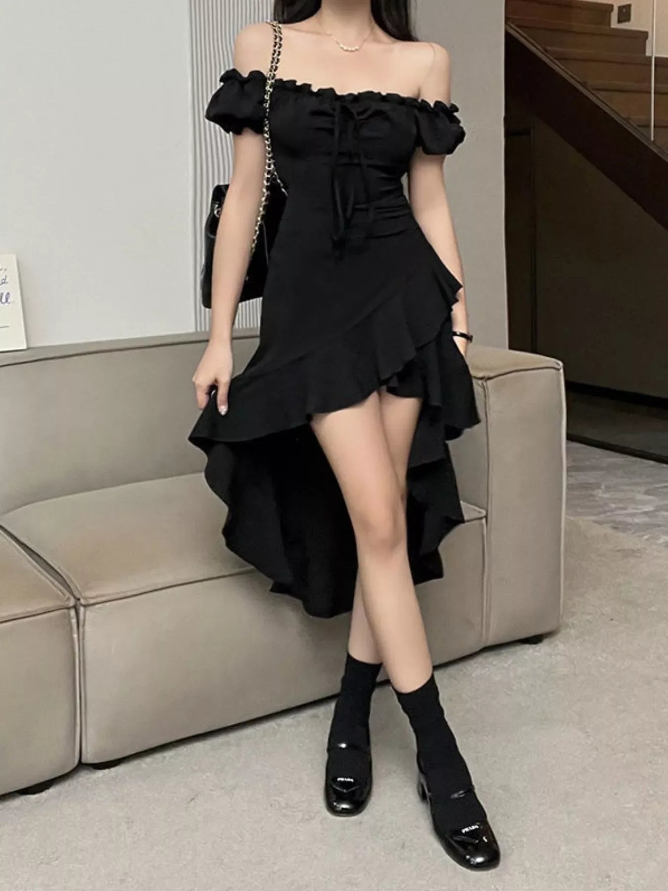 Off-Shoulder Ruffle Hem High Low Dress