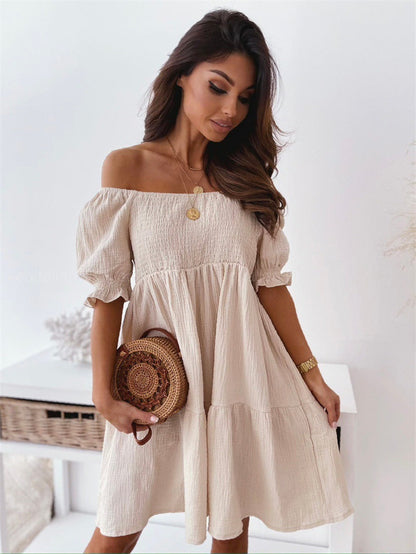 Casual One Word Collar Wrinkle Puff Sleeve Mid Dresses