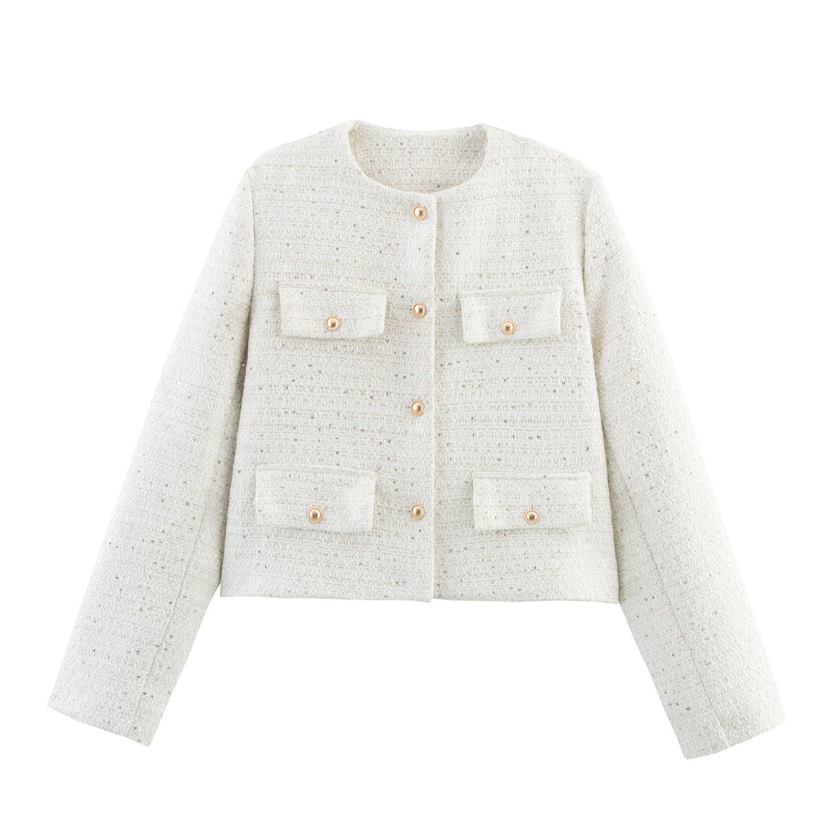 Pocket-decorated Crew-neck Cropped Chic Chanel-style Jacket Top