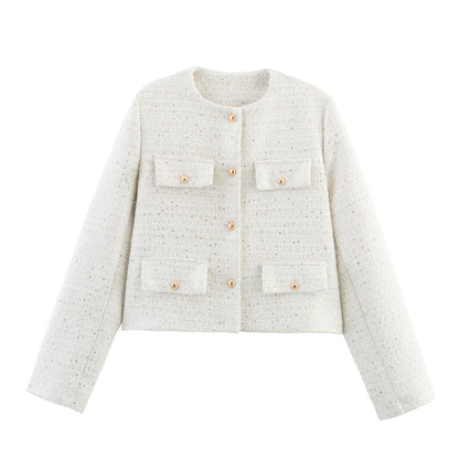 Pocket-decorated Crew-neck Cropped Chic Chanel-style Jacket Top