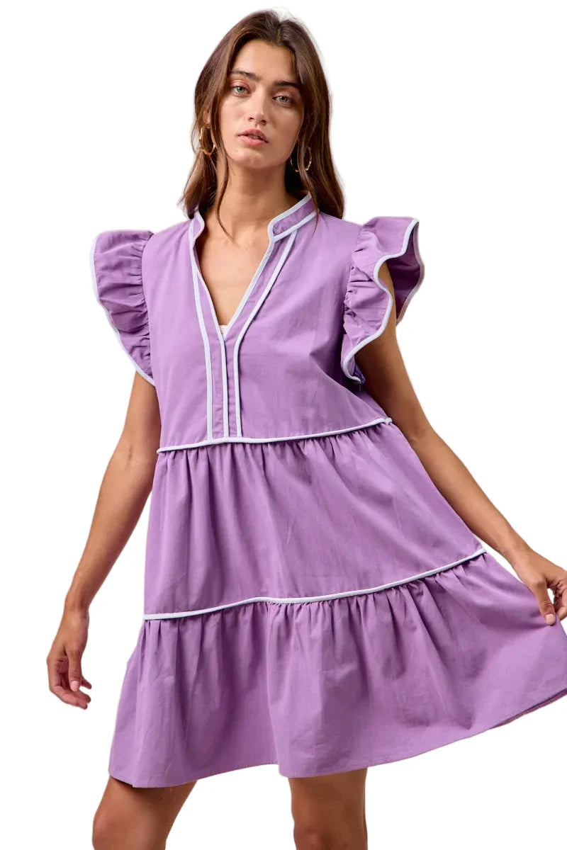 Womens Casual Babydoll Dress Flutter Sleeve Tiered Mini Purple V Neck White Trim Summer Ruffle Detail