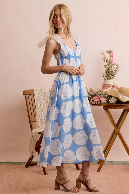 SO ME Shell Smocked Bodice Shoulder Tie Lined Midi Dress