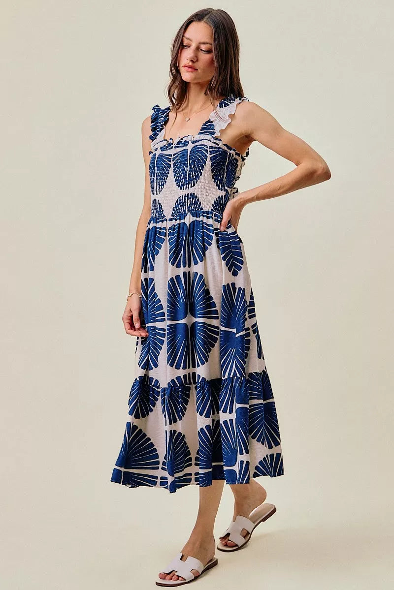 Abstract Print Smocked Bodice Tiered Lined Midi Dress