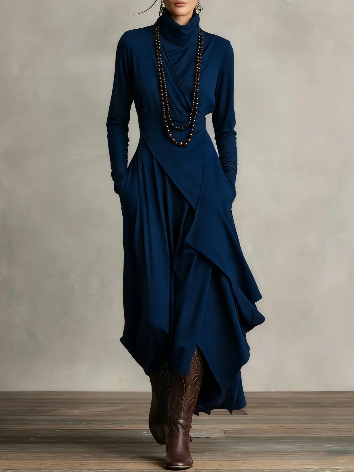 Women's Solid Color Cross-sleeve High-neck Dress