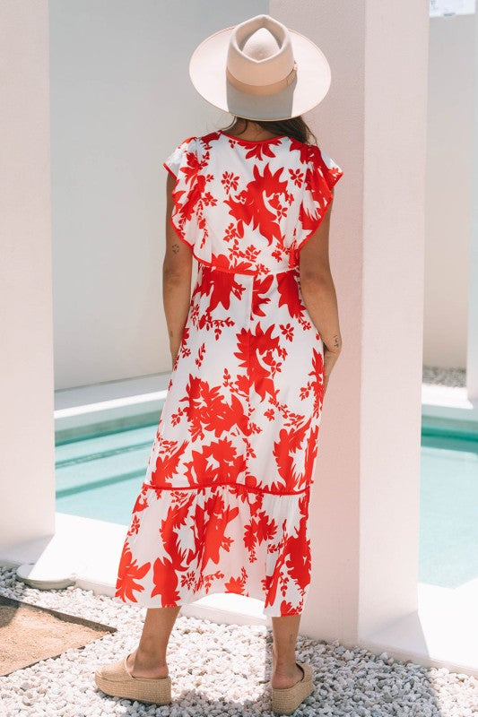 Scarlett Floral Trimmed V Neck Ruffle Sleeve Long