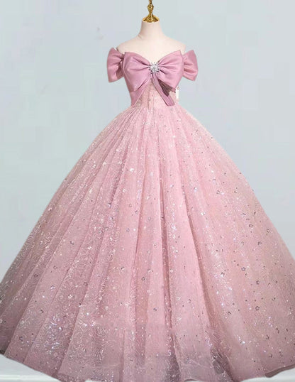Pink Lace Off-Shoulder Quinceanera Ball Gown | Girls' Prom Evening Dress