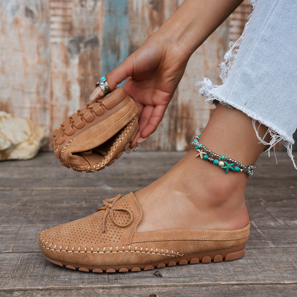 Women's Retro Slip-On Round-Toe Flat Loafers – PU Leather Stitched Everyday Shoes