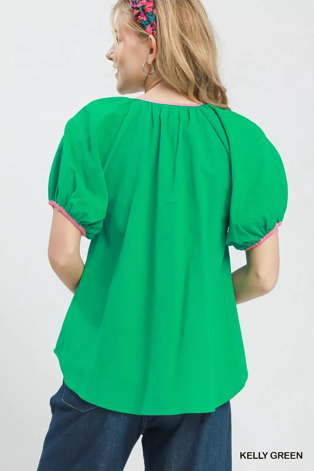 Umgee Contrast Trim Button Front Puff Sleeve Blouse
