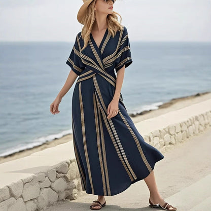 Casual Loose Retro Striped Print Holiday Dress Summer Short Sleeve V Neck Robes Dress Boho Beach Pleated A-Line Long Dress Woman (see size guide under more details)