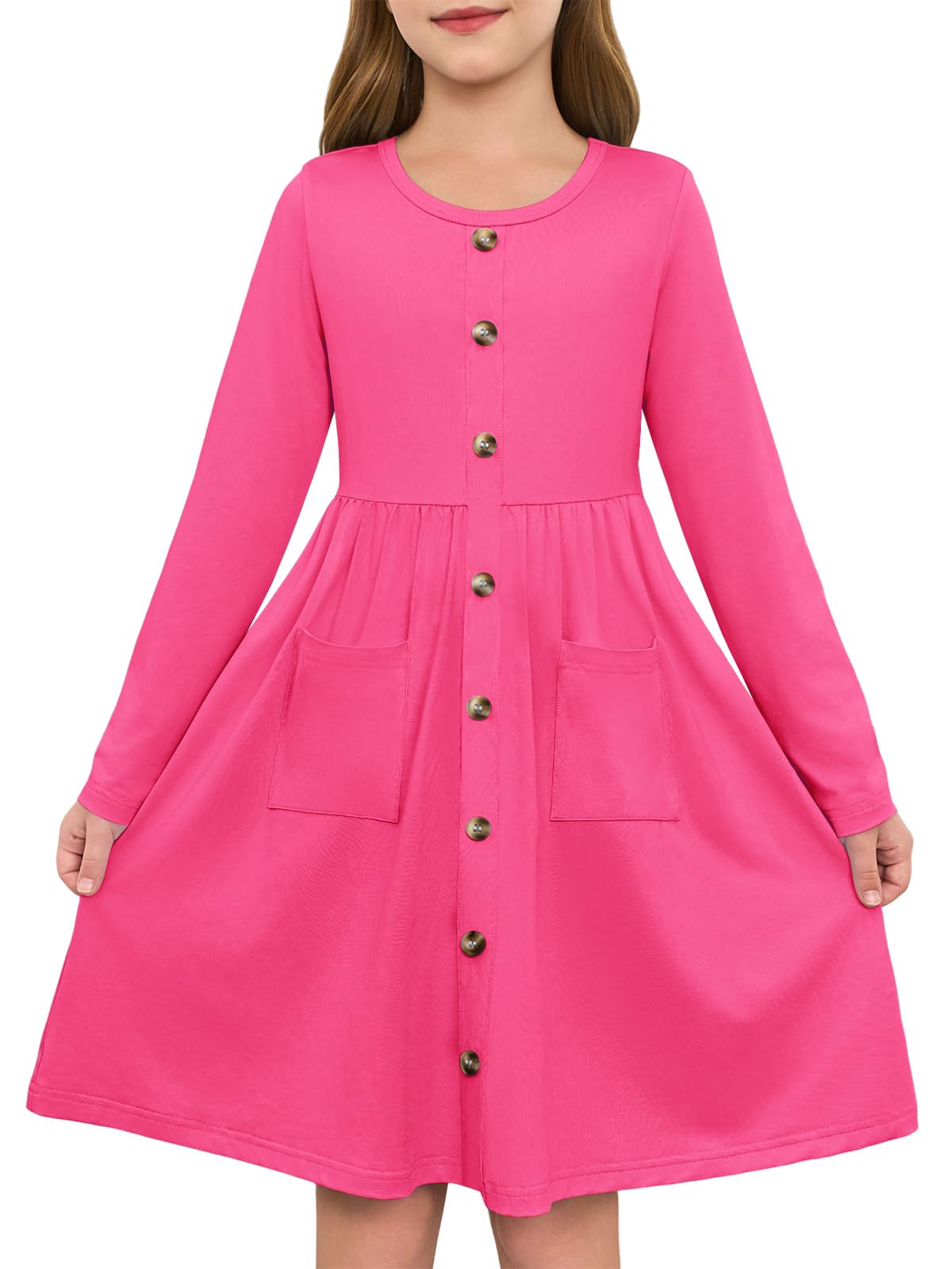 Girls Dresses Kids Button Down Midi Long Sleeve Casual A Line Dress with Pockets 4-14 Years
